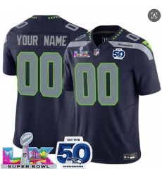 Men's Seattle Seahawks Active Player Custom Navy 2025 F.U.S.E. Super Bowl LX Patch And 50th Season Patch Vapor Limited Stitched Jersey