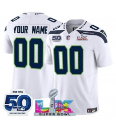 Men's Seattle Seahawks Active Player Custom White 2025 F.U.S.E. Super Bowl LX Patch And 50th Season Patch Vapor Limited Football Stitched Jersey