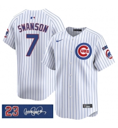 Men's Chicago Cubs #7 Dansby Swanson White Pinstripe 'Ryne Sandberg Tribute' Vapor Limited V3 Stitched Baseball Jersey