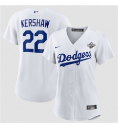 Women's Los Angeles Dodgers #22 Clayton Kershaw White 2025 World Series Home Cool Base Stitched Baseball Jersey(Run Small)