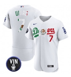 Men's Los Angeles Dodgers #7 Julio Urias White Mexico Special Vin Scully Flex Base Stitched Baseball Jersey