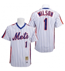 Men's Mitchell and Ness New York Mets #1 Mookie Wilson Authentic White/Blue Strip Throwback MLB Jersey