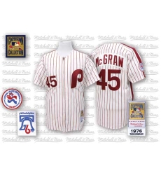 Men's Mitchell and Ness Philadelphia Phillies #45 Tug McGraw Replica White/Red Strip Throwback MLB Jersey