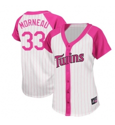 Women's Majestic Minnesota Twins #33 Justin Morneau Replica White/Pink Splash Fashion MLB Jersey