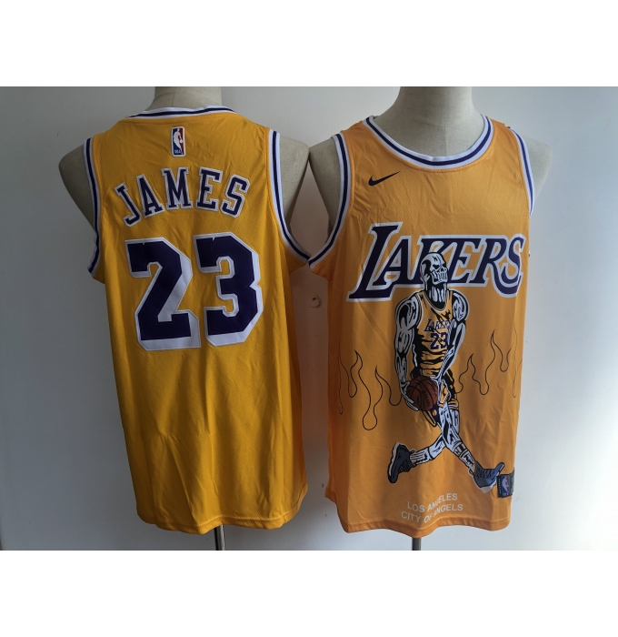Men's Los Angeles Lakers #23 Lebron James Yellow Skull Stitched Basketball Jersey