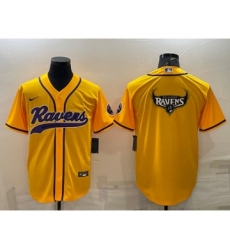 Men's Baltimore Ravens Yellow Team Big Logo With Patch Cool Base Stitched Baseball Jersey