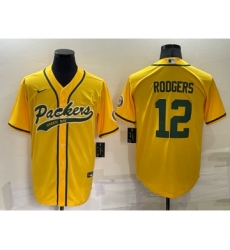 Men's Green Bay Packers #12 Aaron Rodgers Yellow Stitched MLB Cool Base Nike Baseball Jersey