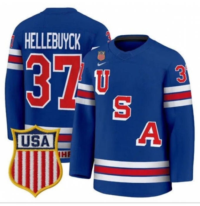 Men's USA #37 Connor Hellebuyck Home Blue 2026 Olympic Hockey Jersey