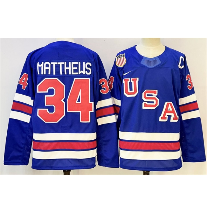 Men's USA #34 Auston Matthews Royal 2025-2026 With C Stitched Jersey