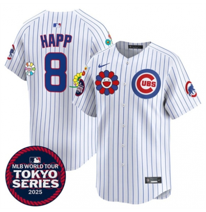 Men's Chicago Cubs #8 Ian Happ White 2025 Tokyo Series Limited Stitched Baseball Jersey
