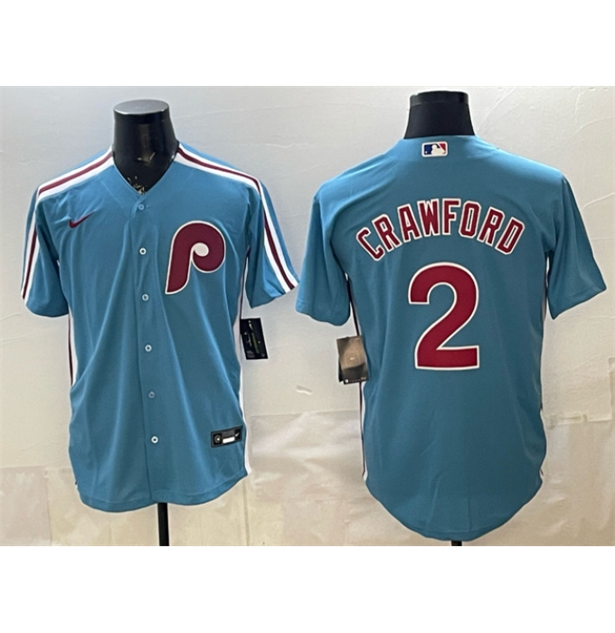 Men's Philadelphia Phillies #2 Justin Crawford Blue Cool Base Stitched Jersey
