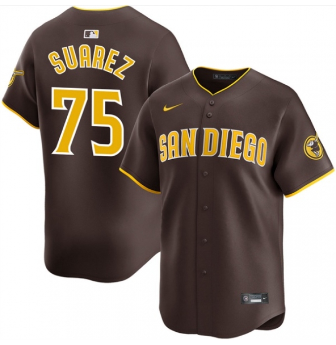 Men's San Diego Padres #75 Robert Suarez Brown 2024 Away Limited Stitched Baseball Jersey