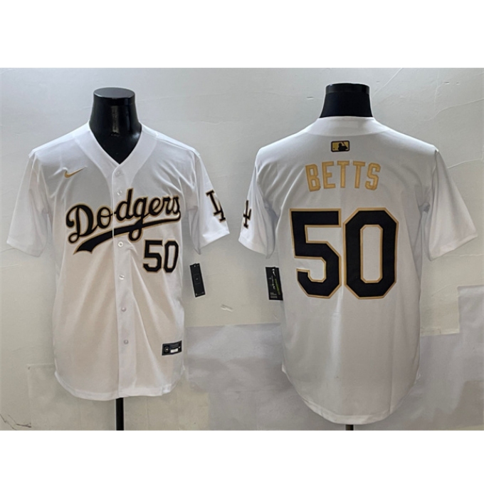 Men's Los Angeles Dodgers #50 Mookie Betts White Gold Limited Stitched Baseball Jersey