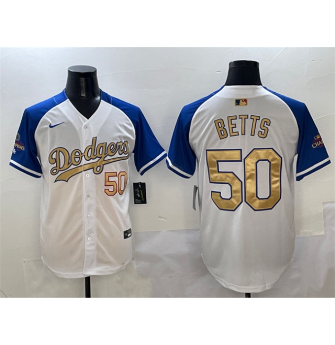Men's Los Angeles Dodgers #50 Mookie Betts White Royal Gold 2024 World Series Champions Vapor Limited Stitched Baseball Jersey