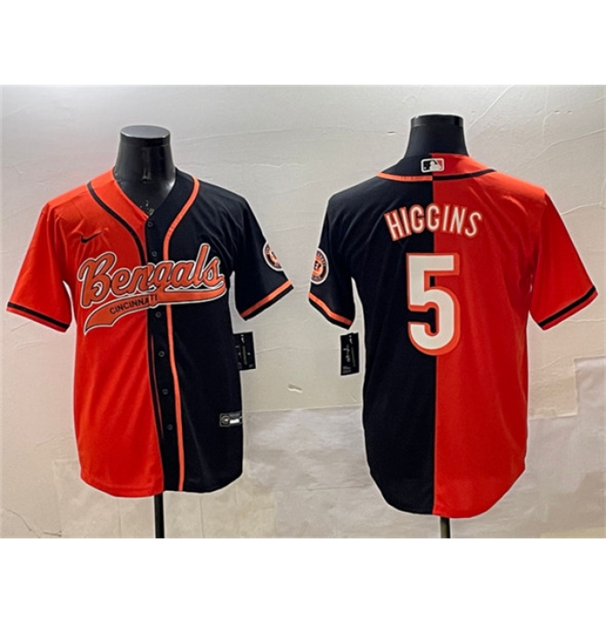 Men's Cincinnati Bengals #5 Tee Higgins Orange Black Split With Cool Base Stitched Jersey