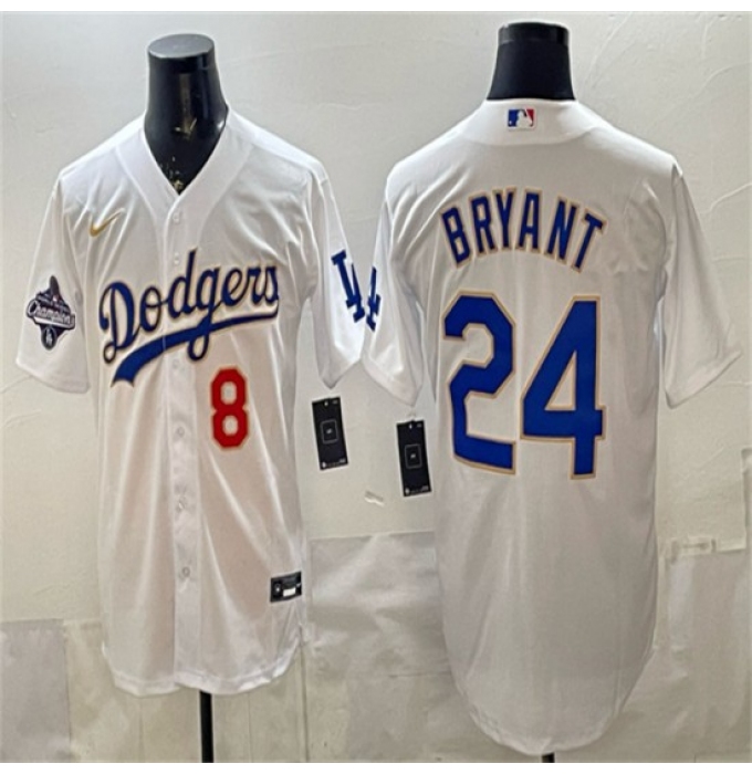 Men's Los Angeles Dodgers Front #8 Back #24 Kobe Bryant White Gold With 2025 World Series Champions Stitched Baseball Jersey