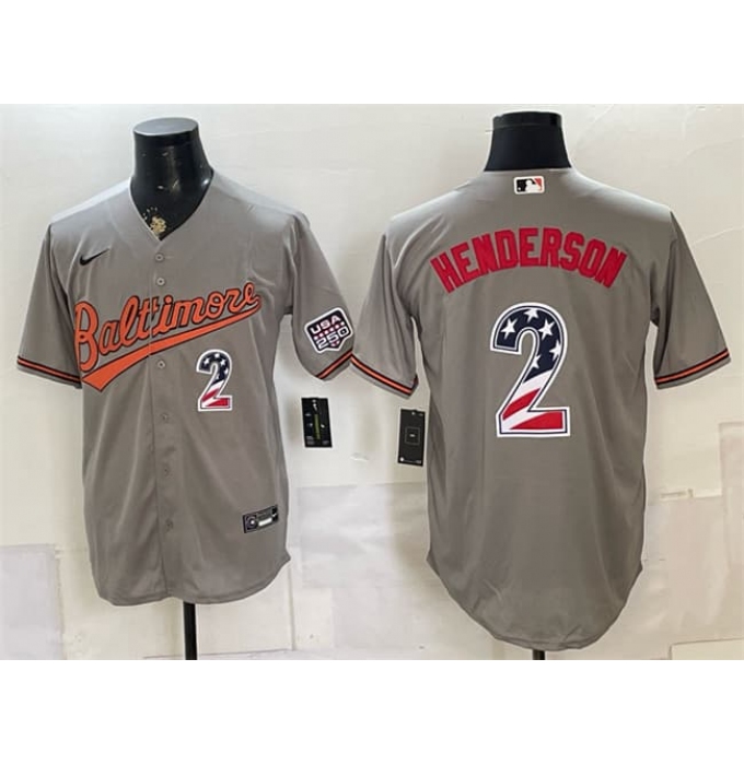 Men's Baltimore Orioles #2 Gunnar Henderson Gray USA 250 Fourth of July Home Stitched Baseball Jersey