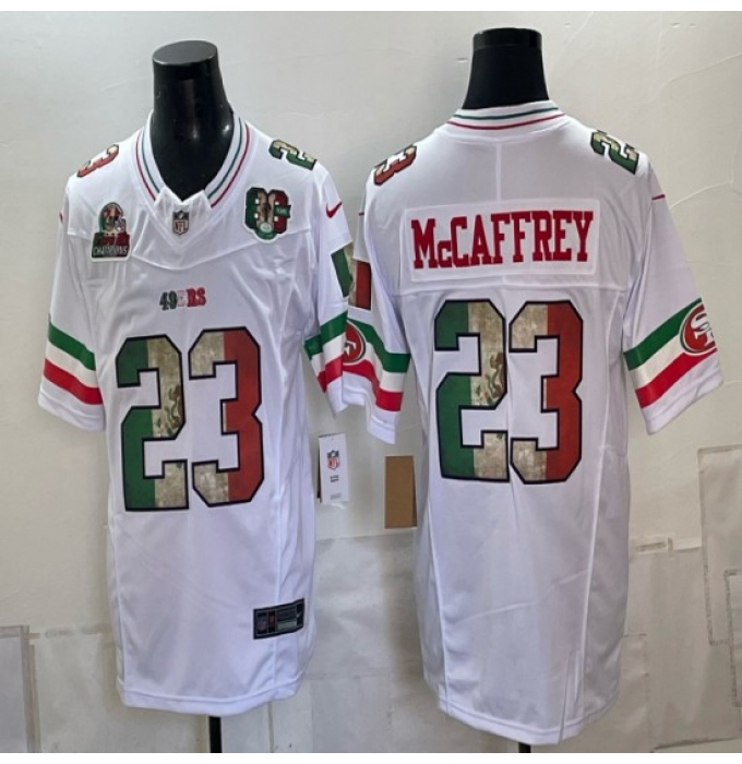 Men's San Francisco 49ers #23 Christian McCaffrey White Mexico 80th Anniversary Five Time Super Bowl Champions 2026 F.U.S.E. Vapor Untouchable Limited Stit