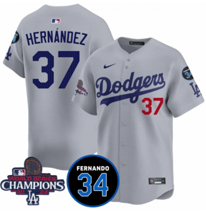 Men's Los Angeles Dodgers #37 Teoscar Hernandez Gray 2024 World Series Champions With Fernando Memorial Vapor Premier Limited Stitched Baseball Jersey