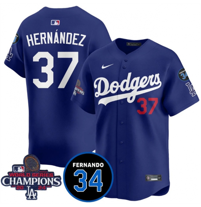Men's Los Angeles Dodgers #37 Teoscar Hernandez Royal 2024 World Series Champions With Fernando Memorial Vapor Premier Limited Stitched Baseball Jersey