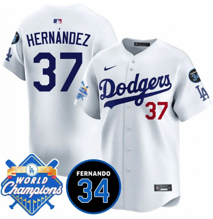 Men's Los Angeles Dodgers #37 Teoscar Hernandez White 2024 World Champions & Fernando Memorial Vapor Premier Home Limited Stitched Baseball Jersey
