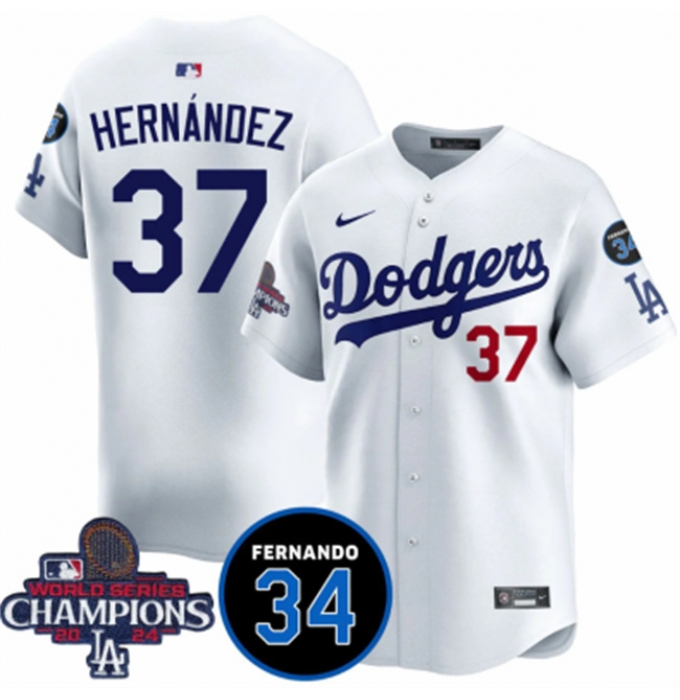Men's Los Angeles Dodgers #37 Teoscar Hernandez White 2024 World Series Champions With Fernando Memorial Vapor Premier Home Limited Stitched Baseball Jerse