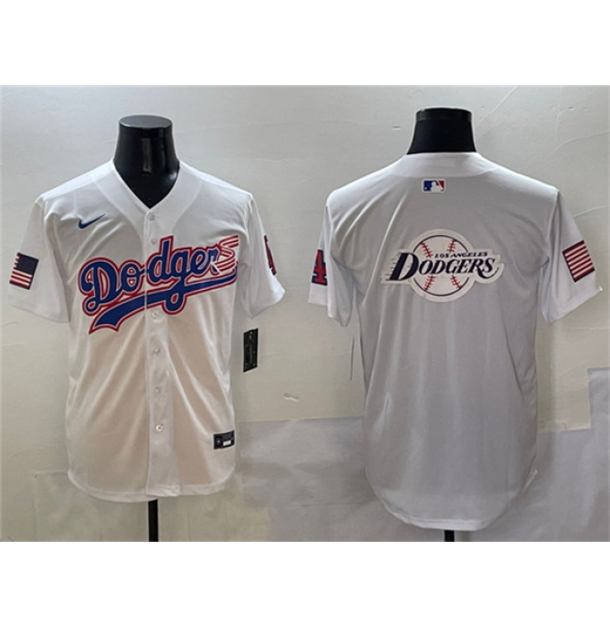 Men's Los Angeles Dodgers Team Big Logo White With American Flag Limited Stitched Baseball Jersey