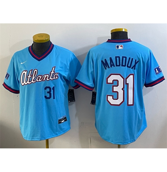 Women's Atlanta Braves #31 Greg Maddux Powder Blue 2026 City Connect Stadium Stitched Baseball Jersey(Run Small)