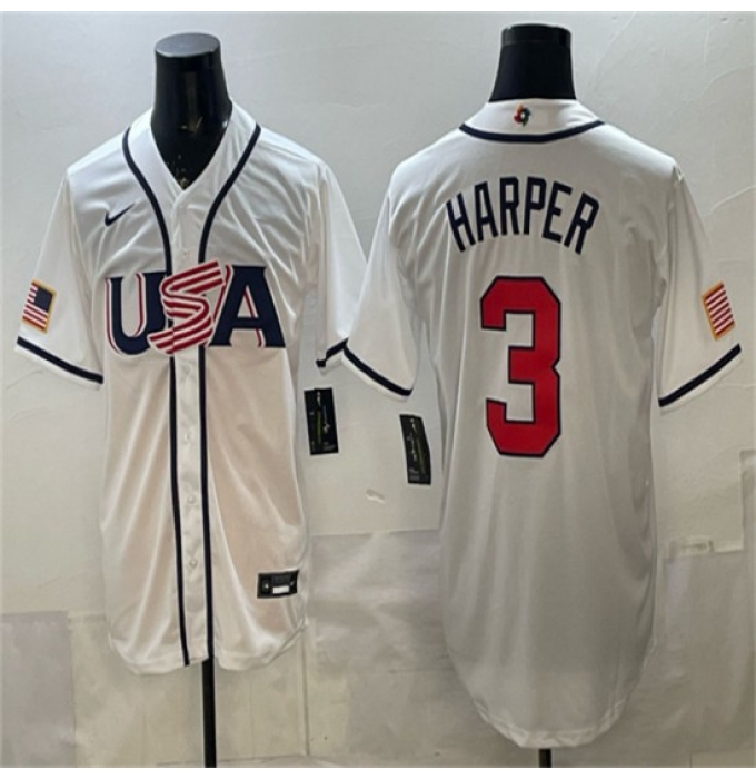 Men's USA Baseball #3 Bryce Harper White 2026 World Baseball Classic Home Stadium Stitched Jersey