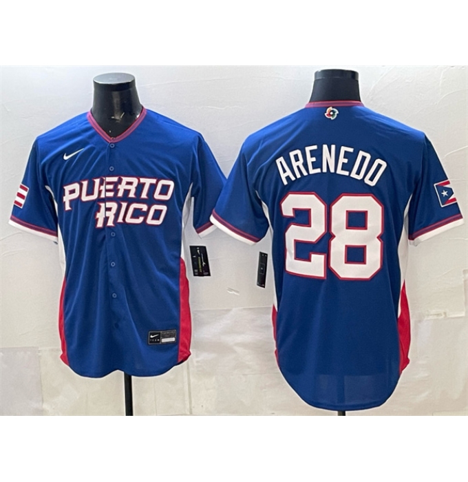Men's Puerto Rico Baseball #28 Nolan Arenado Royal 2026 World Baseball Classic Road Stadium Stitched Jersey
