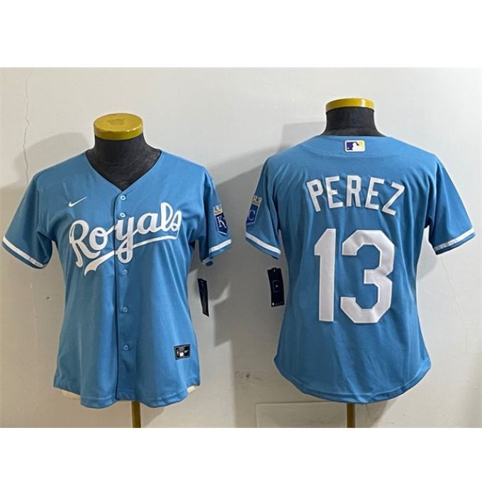 Women's Kansas City Royals #13 Salvador Perez Light Blue Cool Base Stitched Jersey(Run Small)