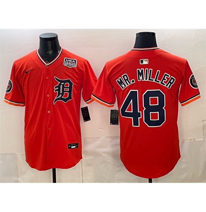 Men's Detroit Tigers #48 Mr. Miller Orange 2026 Alternate USA 250 Vapor Premier Limited Stitched Baseball Jersey