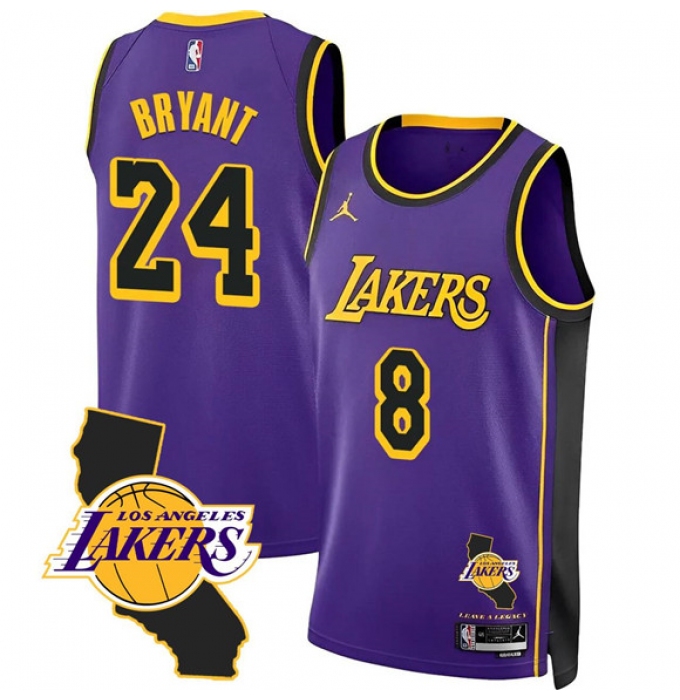 Men's Los Angeles Lakers Front #8 Back #24 Kobe Bryant Purple 2025 California Stitched Basketball Jersey