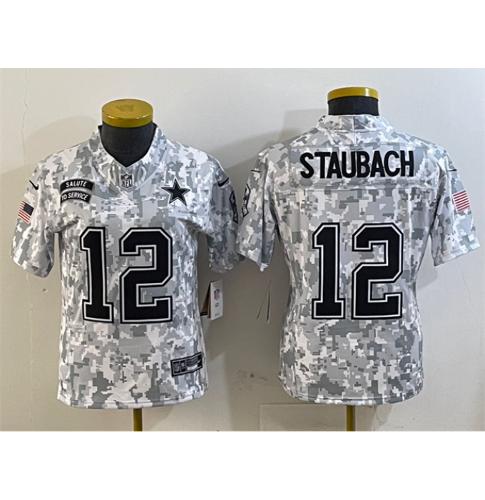 Women's Dallas Cowboys #12 Roger Staubach 2024 F.U.S.E Arctic Camo Salute To Service Limited Stitched Football Jersey